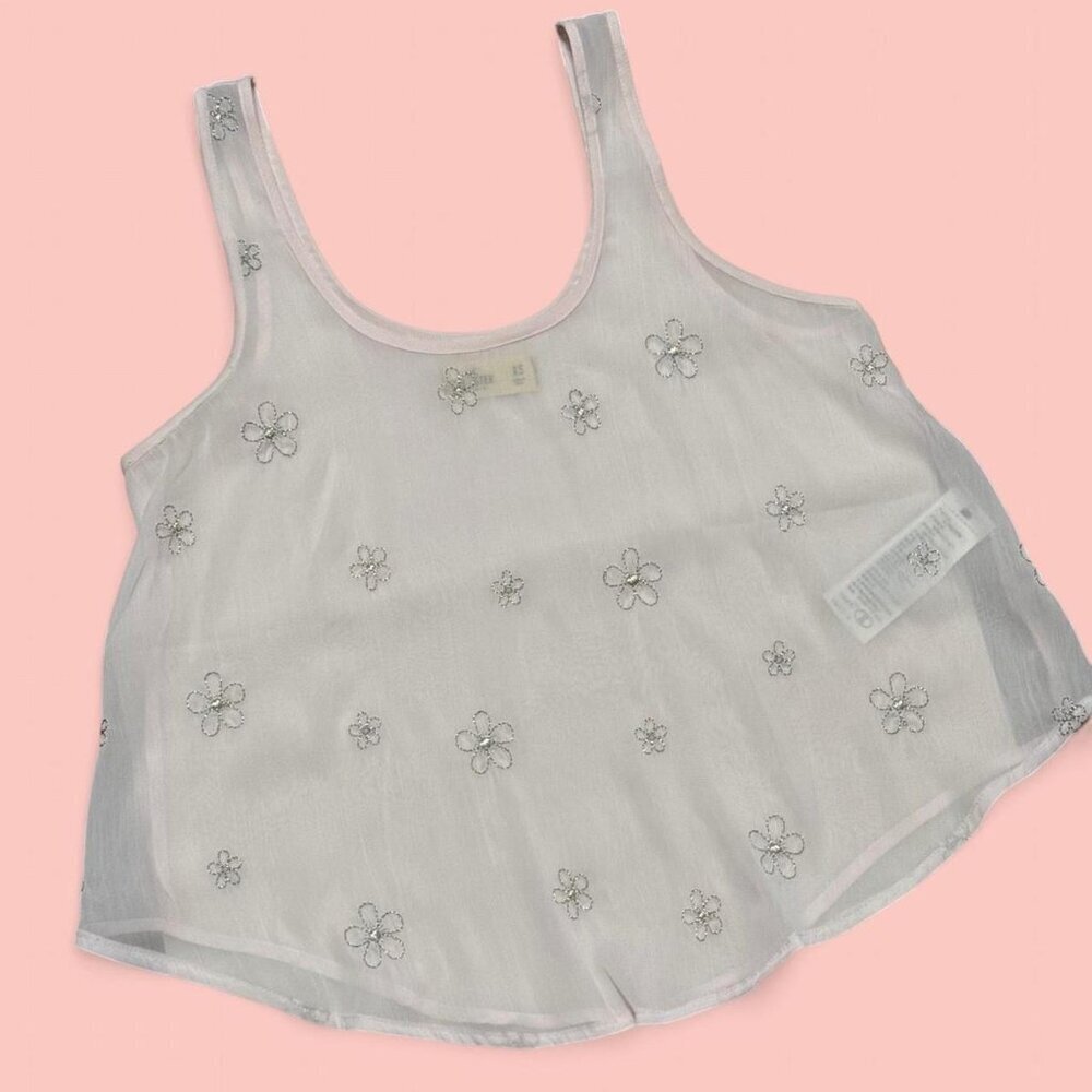 Light Soft Pink Sheer Hollister Co. tank top with embroidered flowers. Size XS - Picture 2 of 9